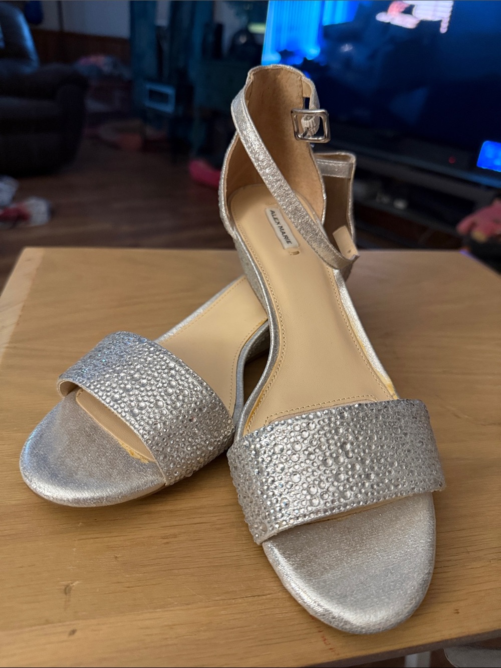 Silver Glitter Ankle-Strap Wedge Sandals